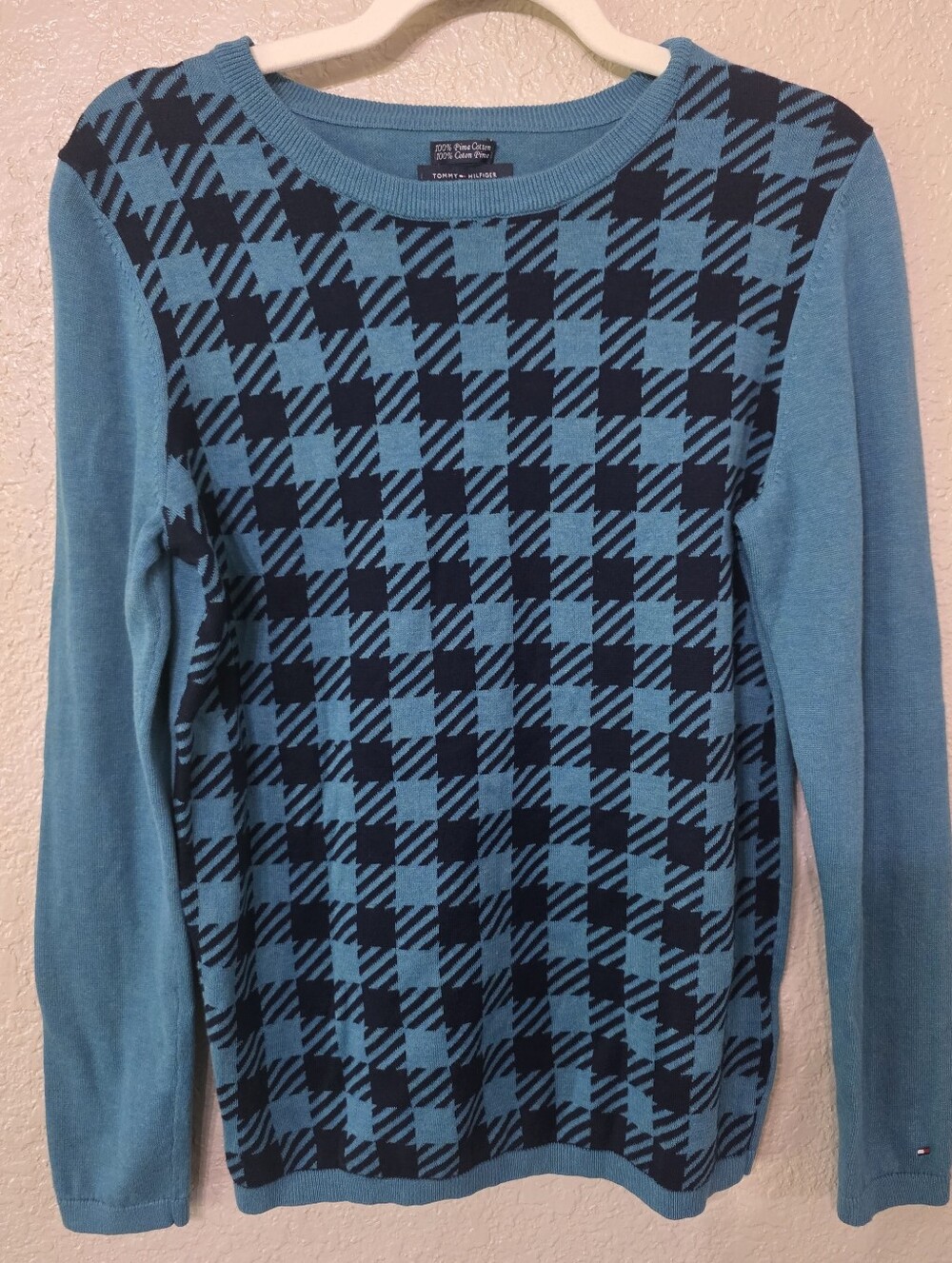 Tommy Hilfiger Teal and Navy Check Crewneck Sweater